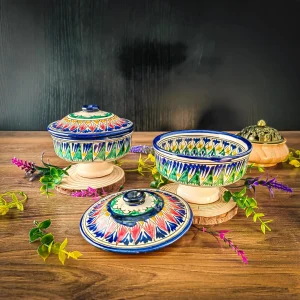 Handmade Uzbek Ceramic Sugar Bowl with Lid – 11.5 cm, Hand-Painted Oriental Pattern, Decorative Condiment Dish & Unique Gift