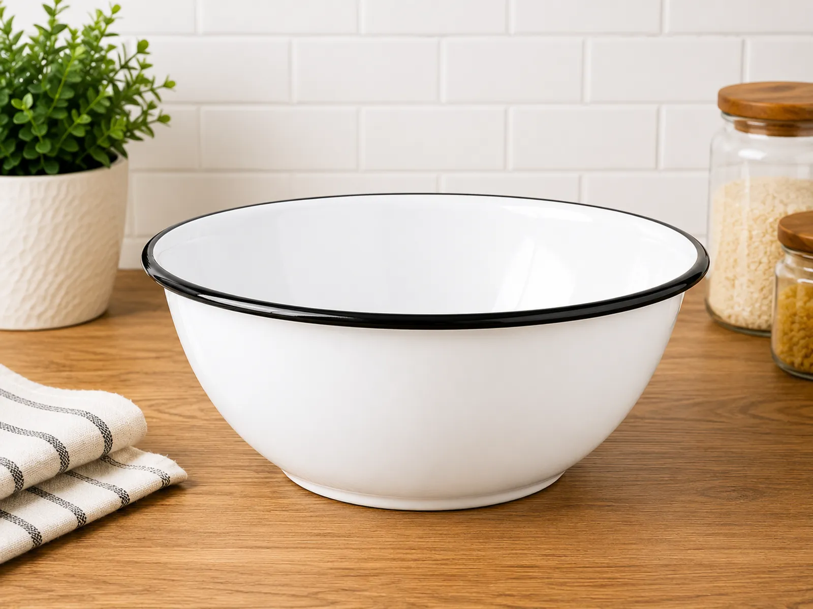 Enamel bowl 0.8 liter white with black rim