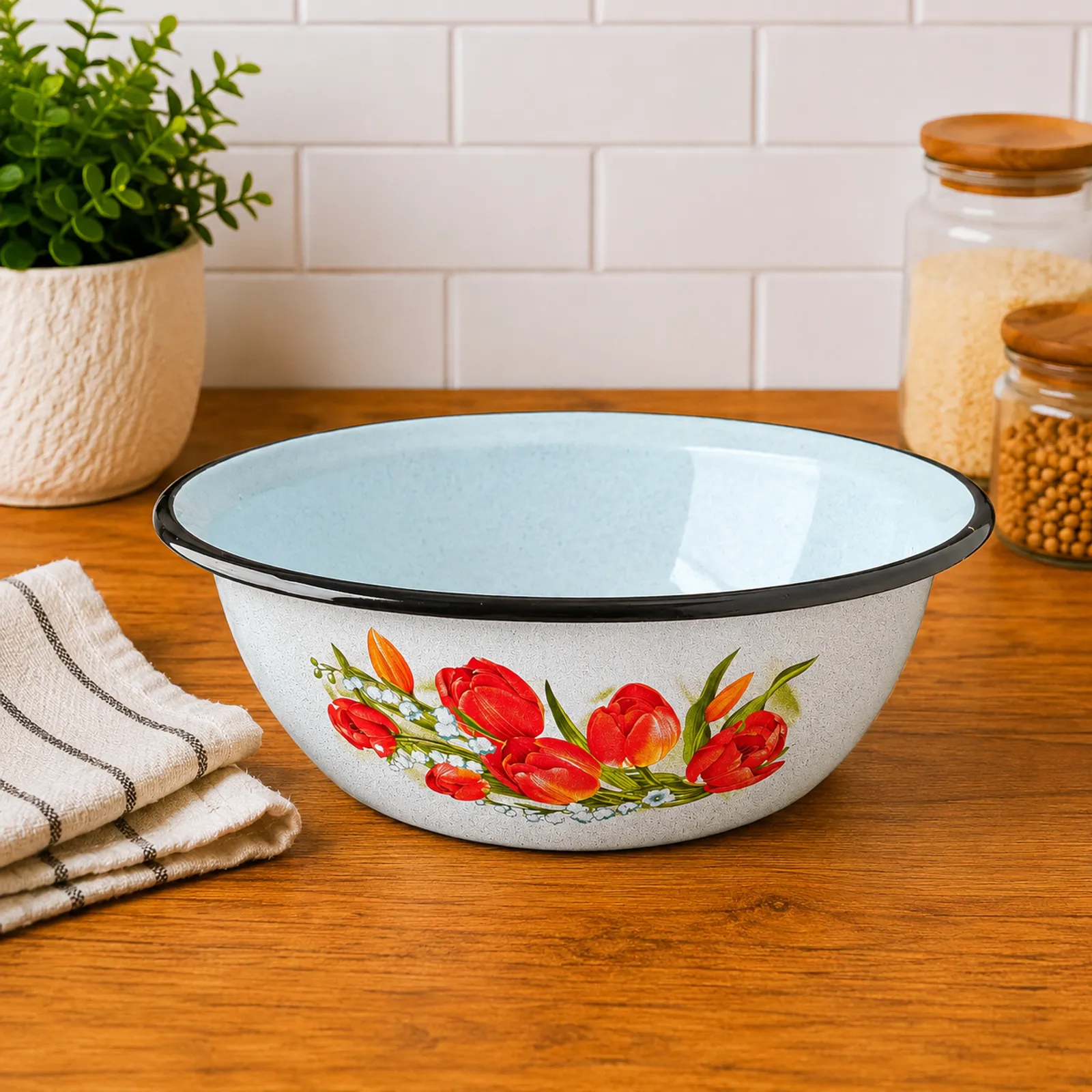 Enamel bowl 3.5 L Tulips White with floral pattern
