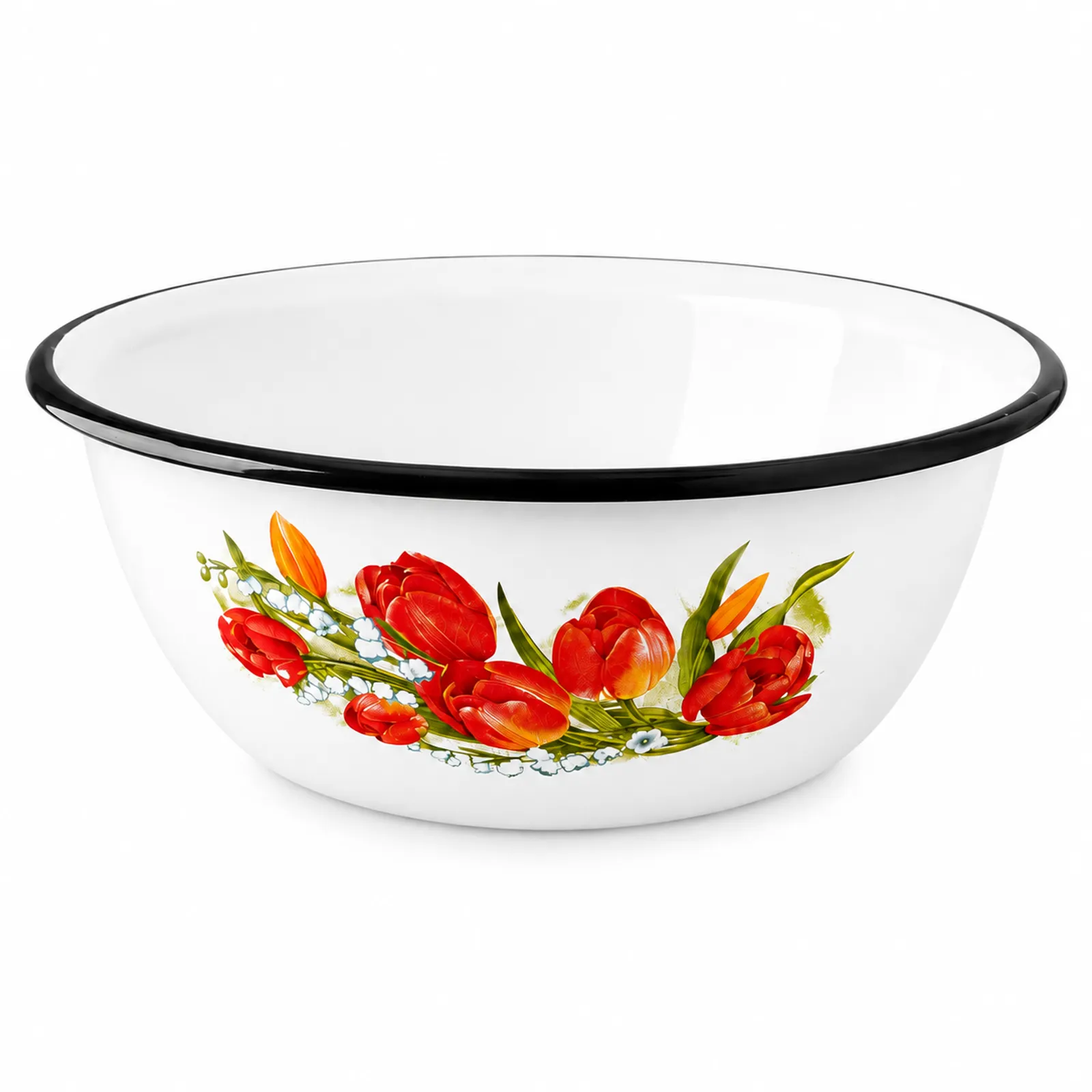 White enamel bowl 3.5L with colorful tulip pattern