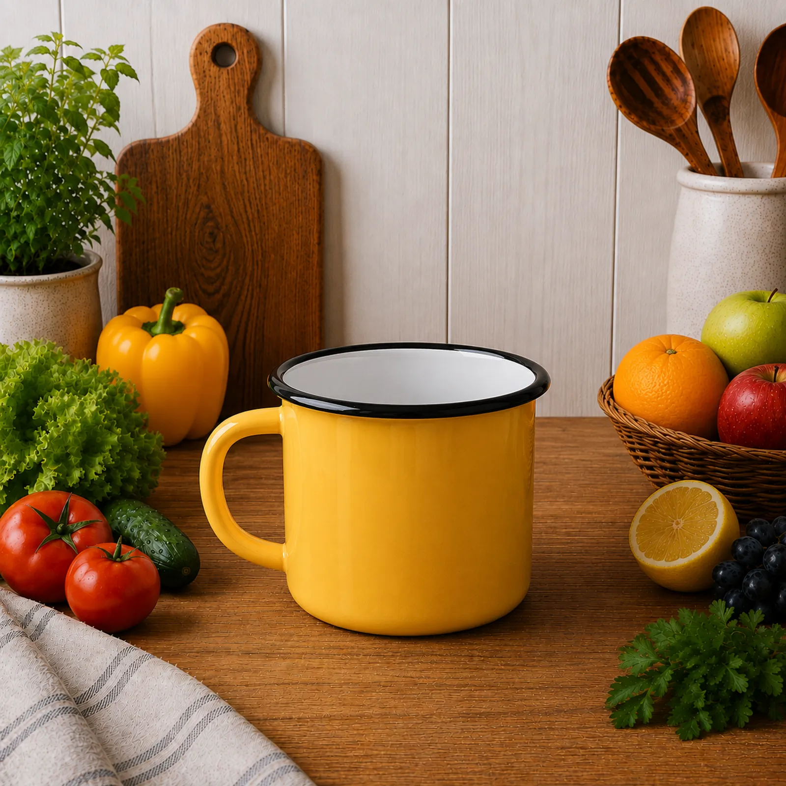 White enamel camping mug 0.25L with metal rim