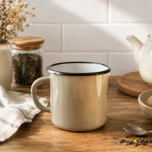 Grey enamel mug holds 0.25 E-Kodumarket with black rim