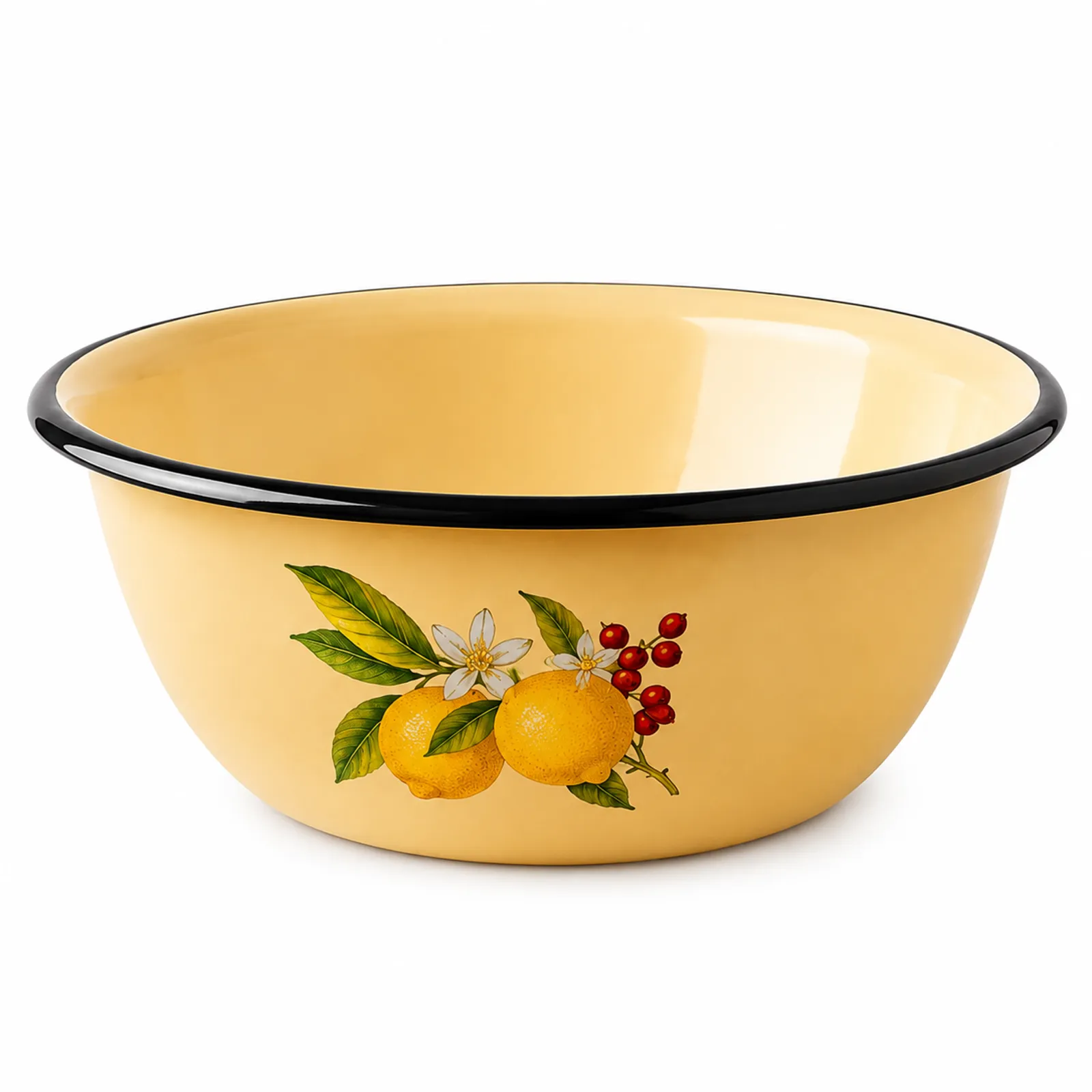 Enamel bowl 1.5L yellow with fruit fantasy pattern