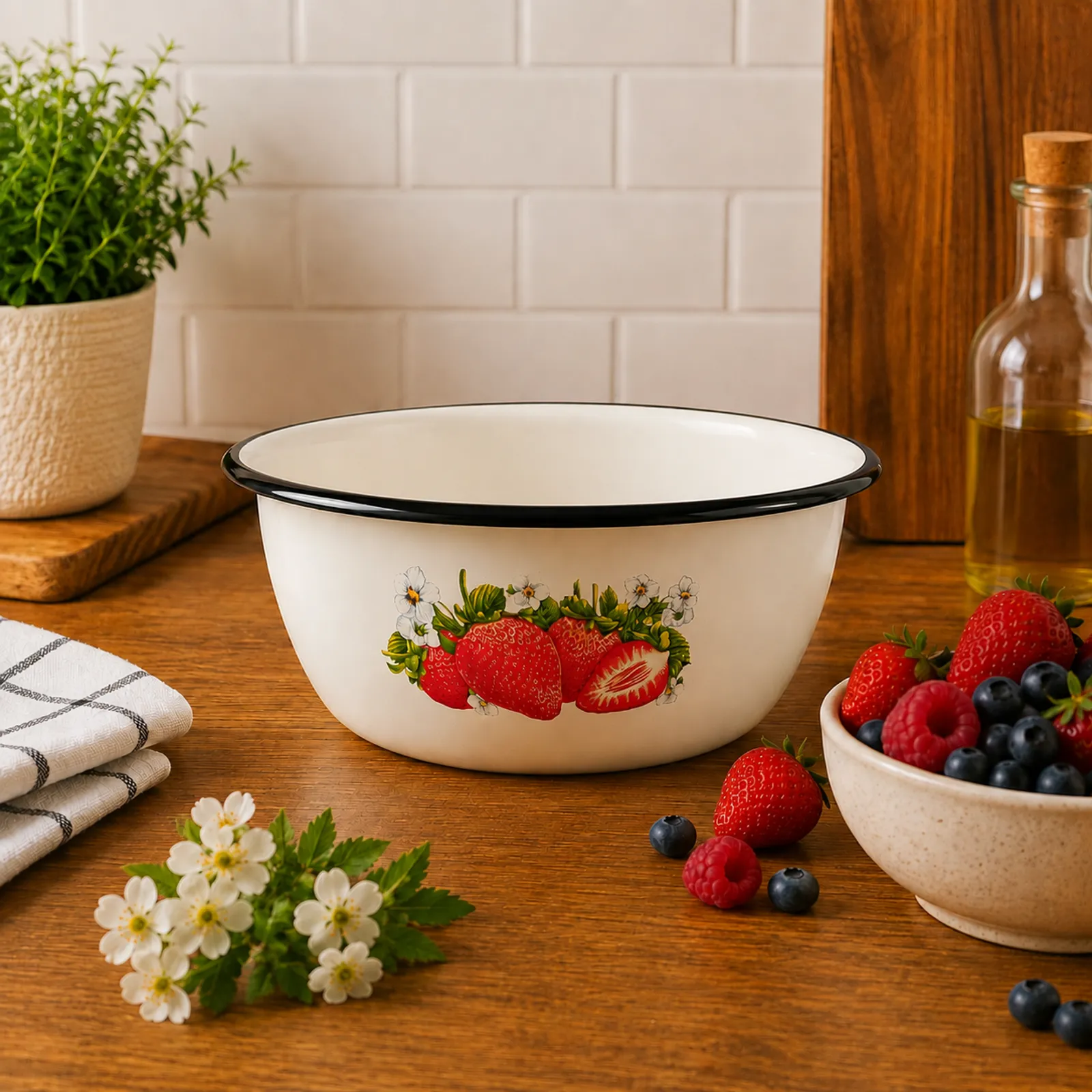 Enamel Bowl Holds 1.5 L Essential Kitchen Piece E-Kodumarket Strawberry Pattern