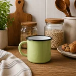 Enamel mug has green finish and classic shape