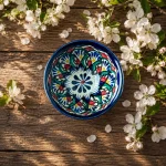 Uzbek tea bowl handpainted Rishtan ceramic 9 cm