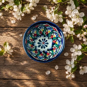Uzbek tea bowl handpainted Rishtan ceramic 9 cm