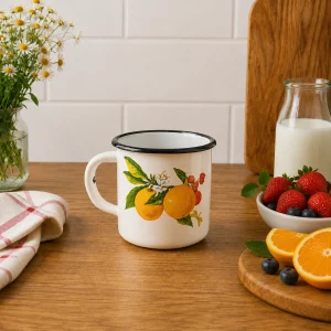 Enamel mug with colorful fruit pattern and black rim