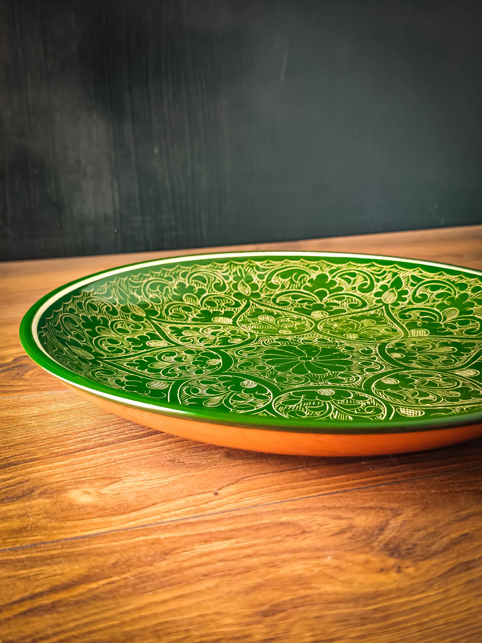 Uzbek plate lagan green ceramic 30cm Rishtan design