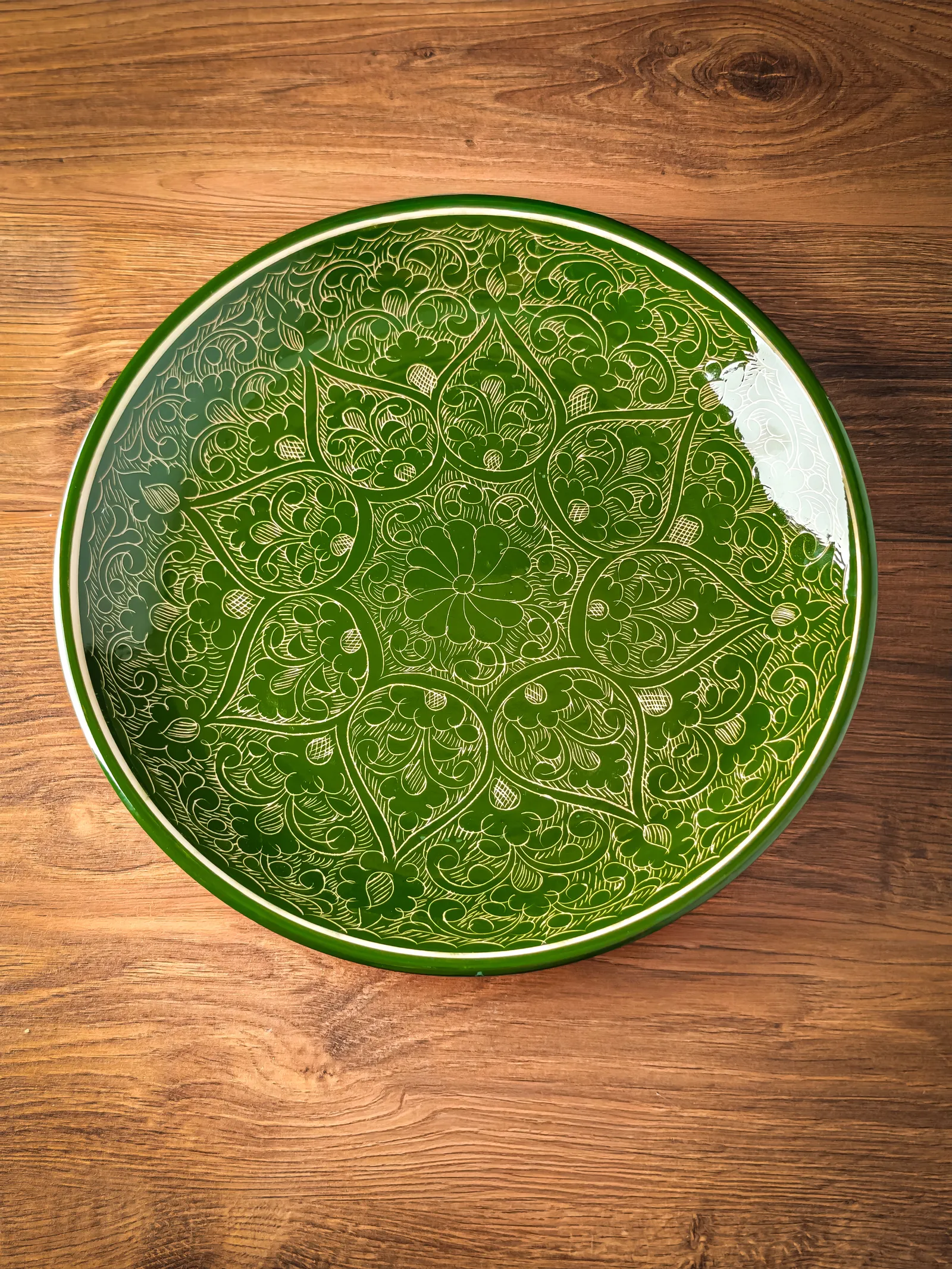 Uzbek plate lagan green ceramic 30cm Rishtan pattern