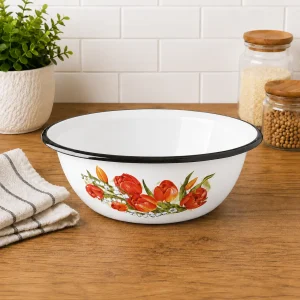 Эмалированная миска объёмом E-Kodumarket 3,5 л с тюльпанами белая