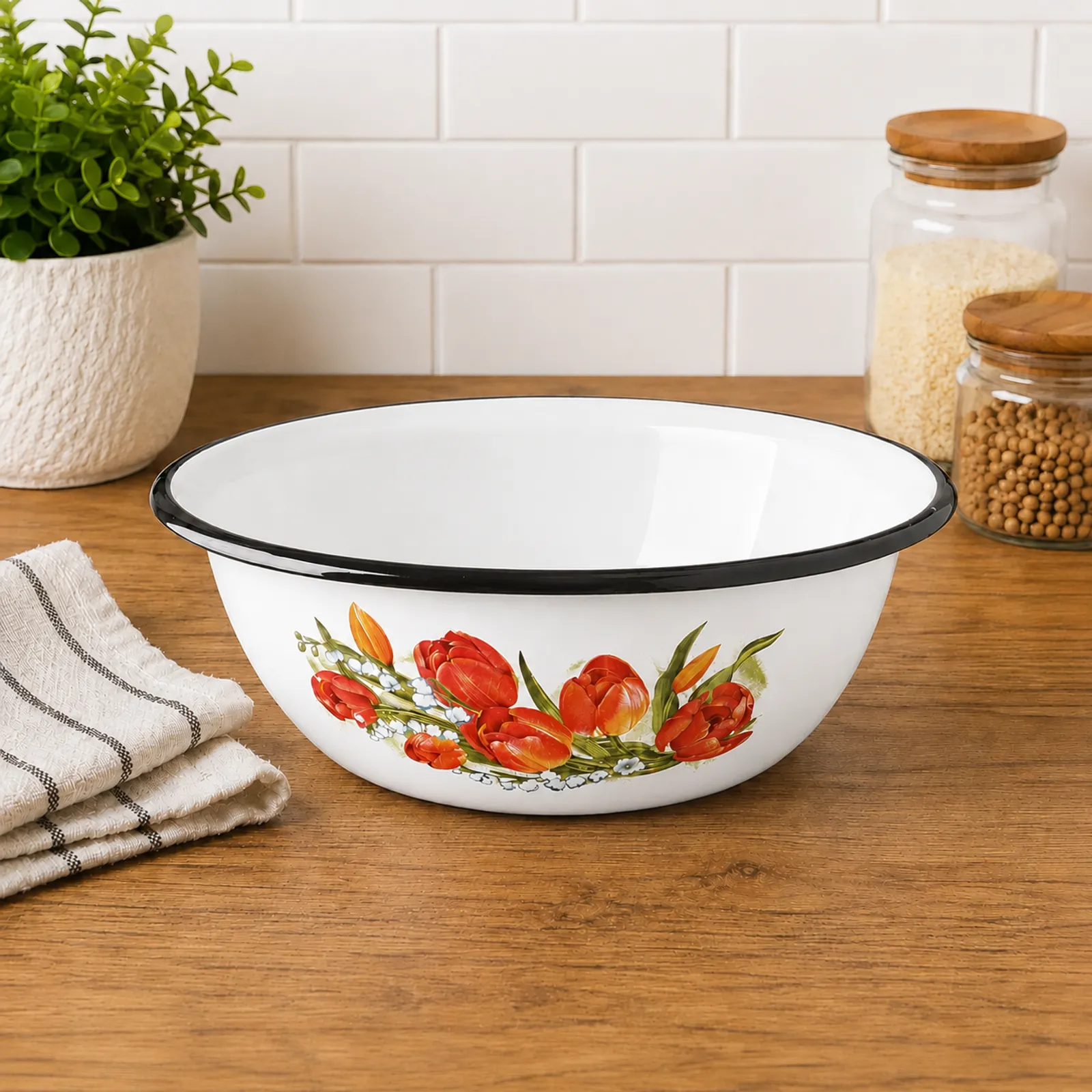 Эмалированная миска объёмом E-Kodumarket 3,5 л с тюльпанами белая