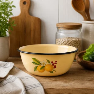 Ilus köögitarvik igapäevaseks kasutamiseks Emailkauss 1,5 L kollane puuviljamustriga
